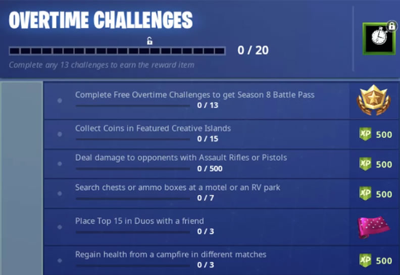 fortnite overtime challenges list - fortnite challenges list