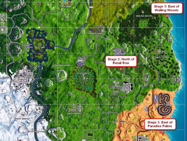 they are all on one side on the map and if you re actually efficient you could possibly take them out in a single game here is exactly where all 3 are - shooting galleries on fortnite east of wailing woods